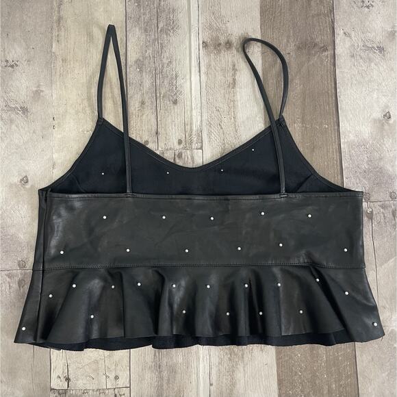 DO+BE Pearl-Studded Crop Top Black Faux Leather Ruffle Hem Y2K Whimsigoth Sz M - Picture 5 of 13